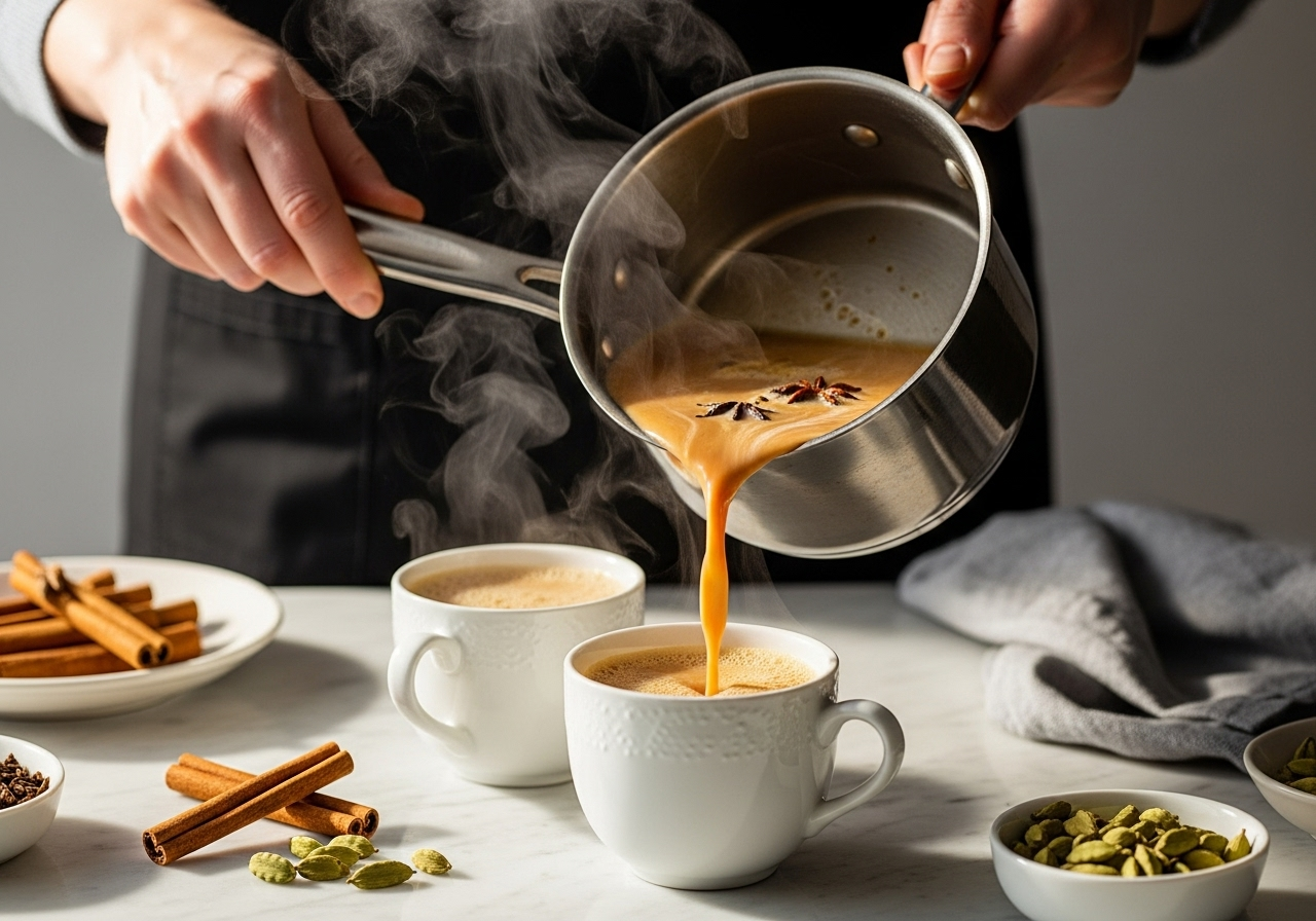 Authentic stovetop chai brewing with spices