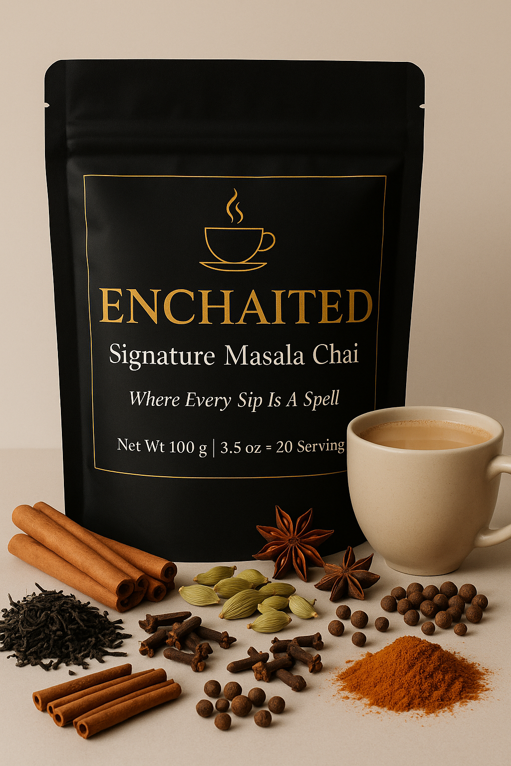 Founders Blend hero pouch next to a warm cup of chai